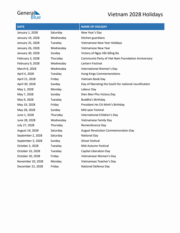 Free printable list of Vietnam holidays for year 2028