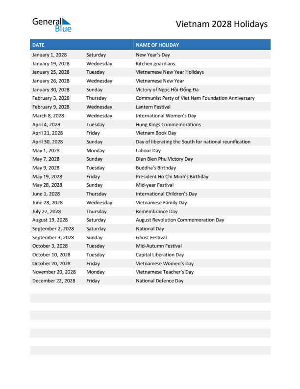 Free printable list of Vietnam holidays for year 2028