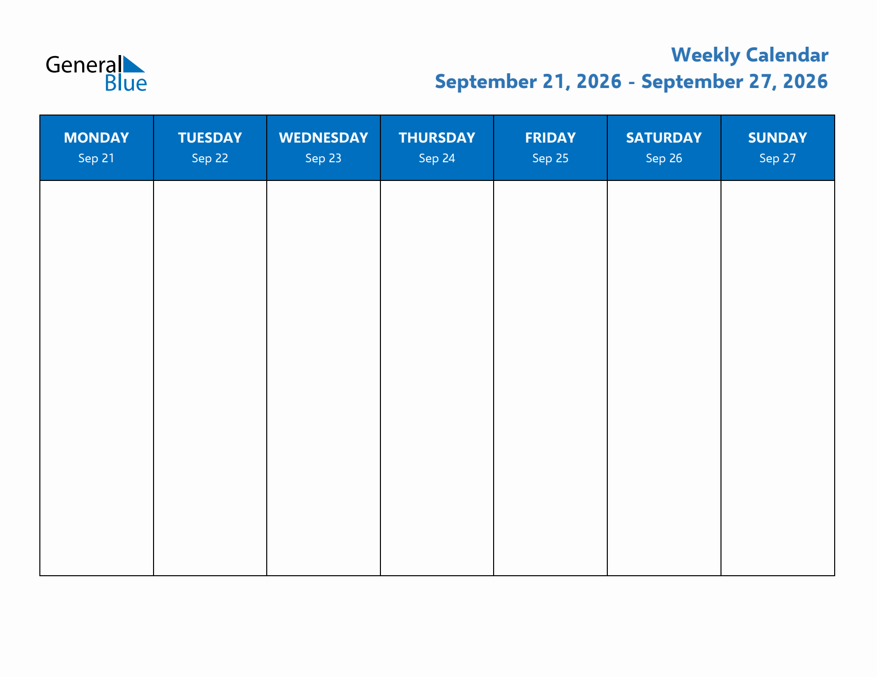 Free Editable Weekly Calendar with Monday Start - Week 39 of 2026