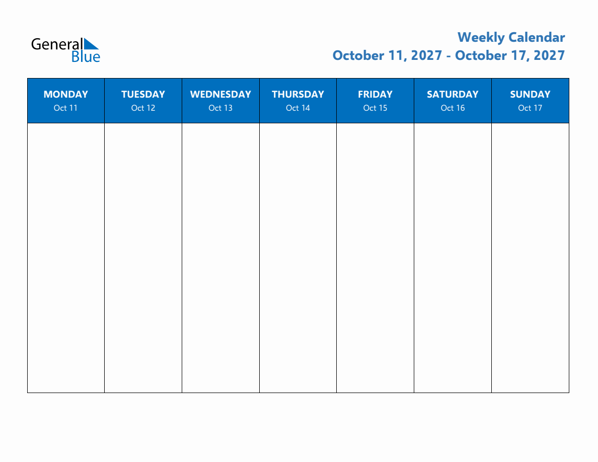 Weekly Calendar with Monday Start for Week 41 (October 11, 2027 to ...