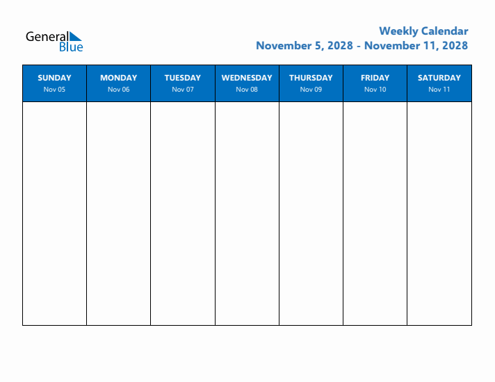 Free Editable Weekly Calendar with Sunday Start - Week 46 of 2028