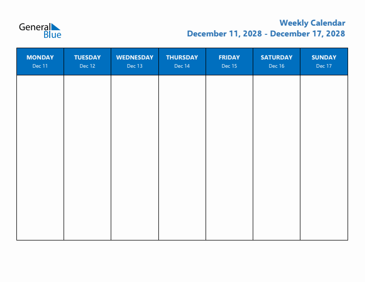 Free Editable Weekly Calendar with Monday Start - Week 50 of 2028