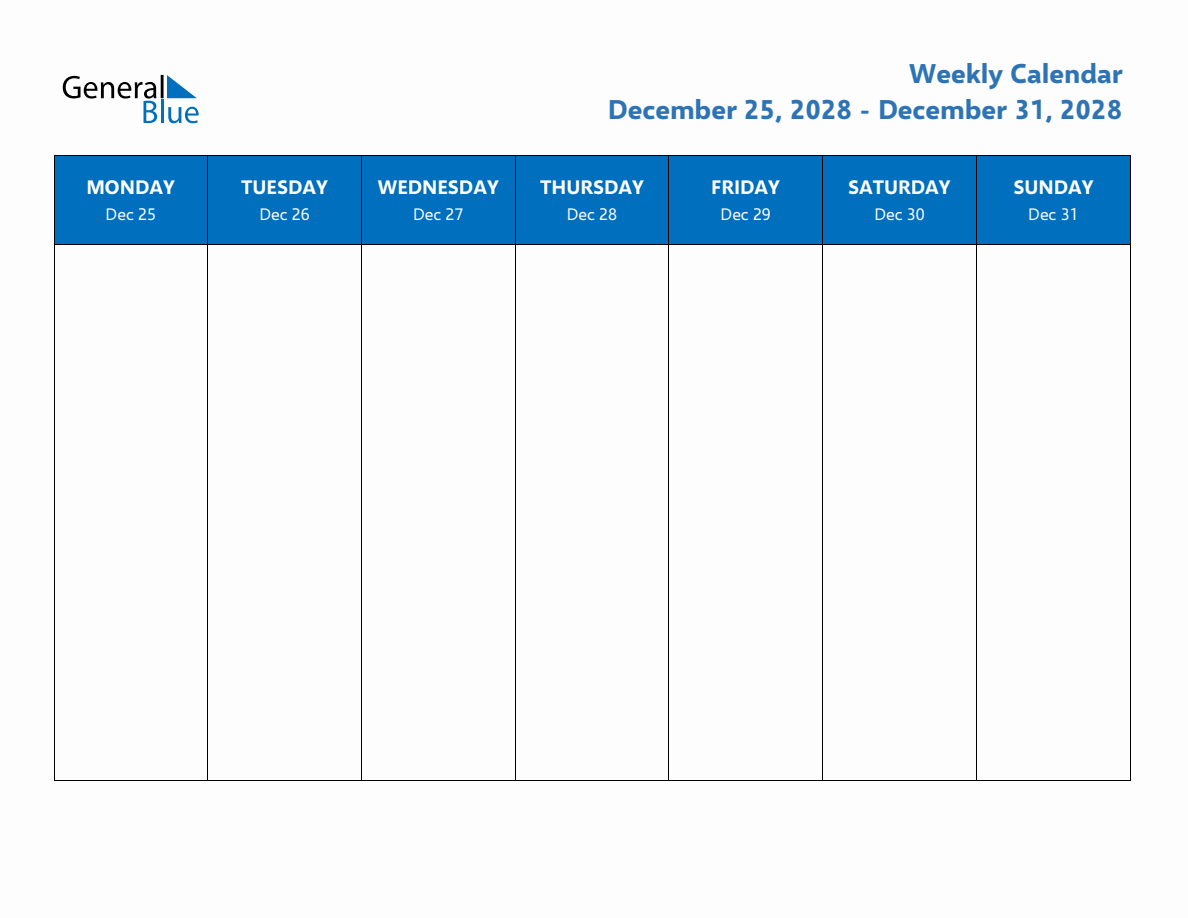 Weekly Calendar with Monday Start for Week 52 (December 25, 2028 to ...