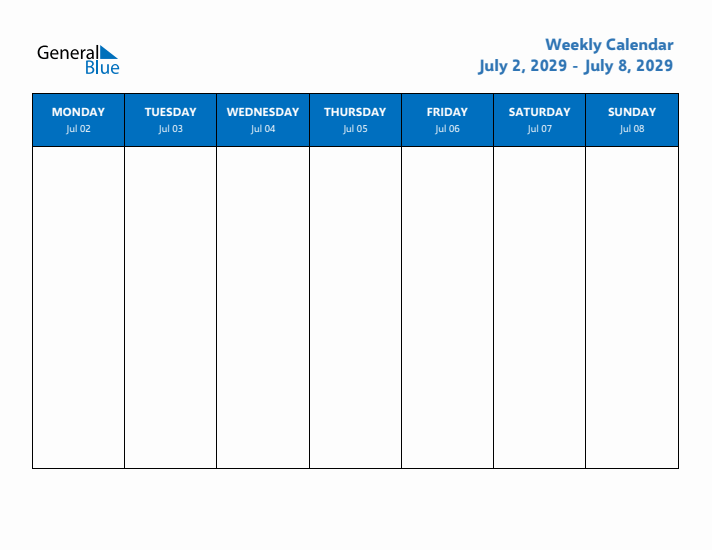 Free Editable Weekly Calendar with Monday Start - Week 27 of 2029