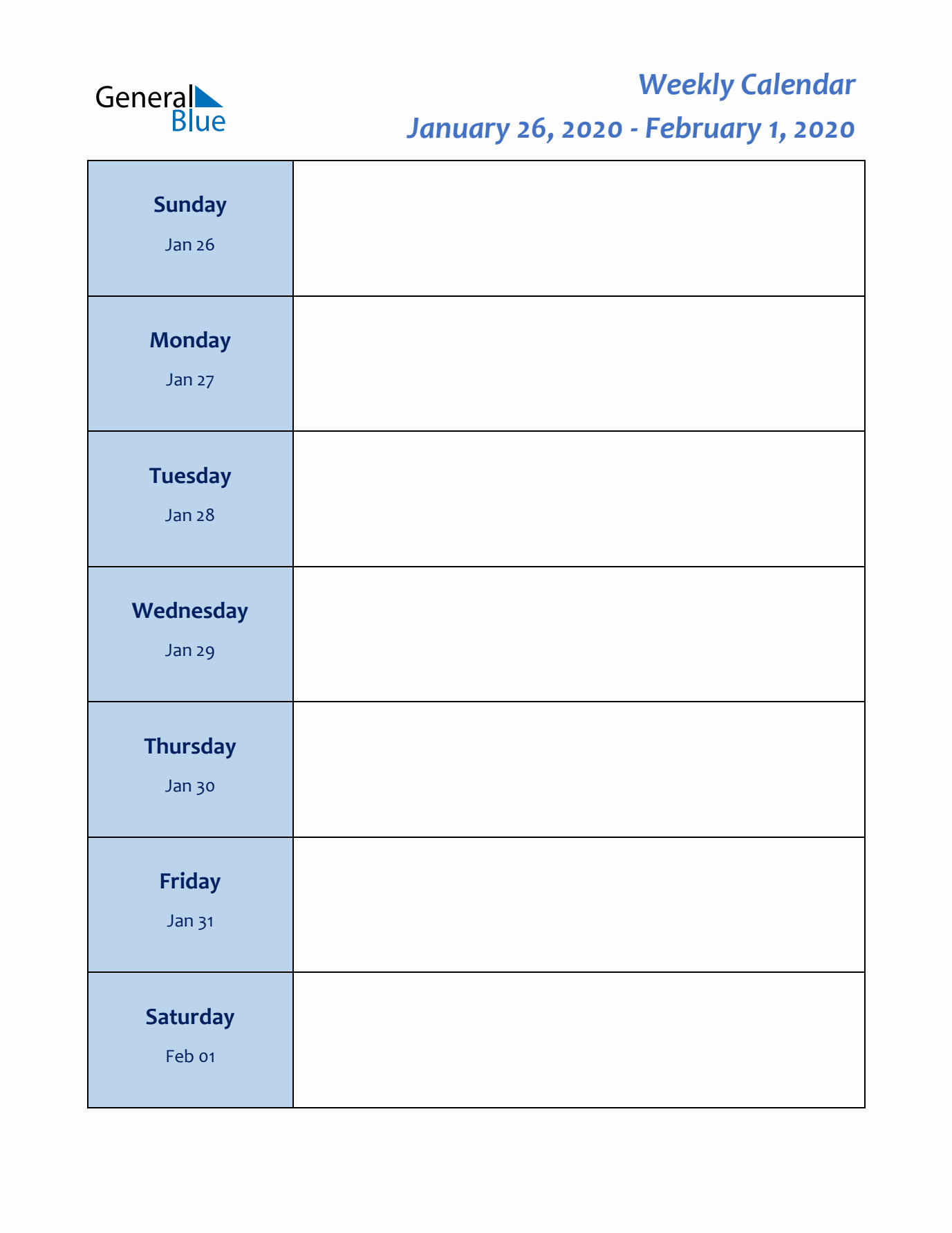 Weekly Planner for January 26 to February 1, 2020)