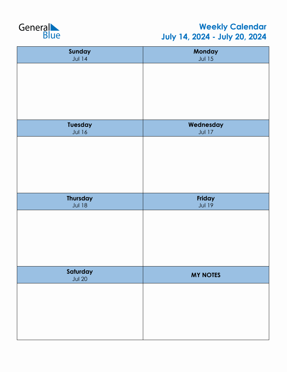 Editable Weekly Planner for the Week of July 14, 2024