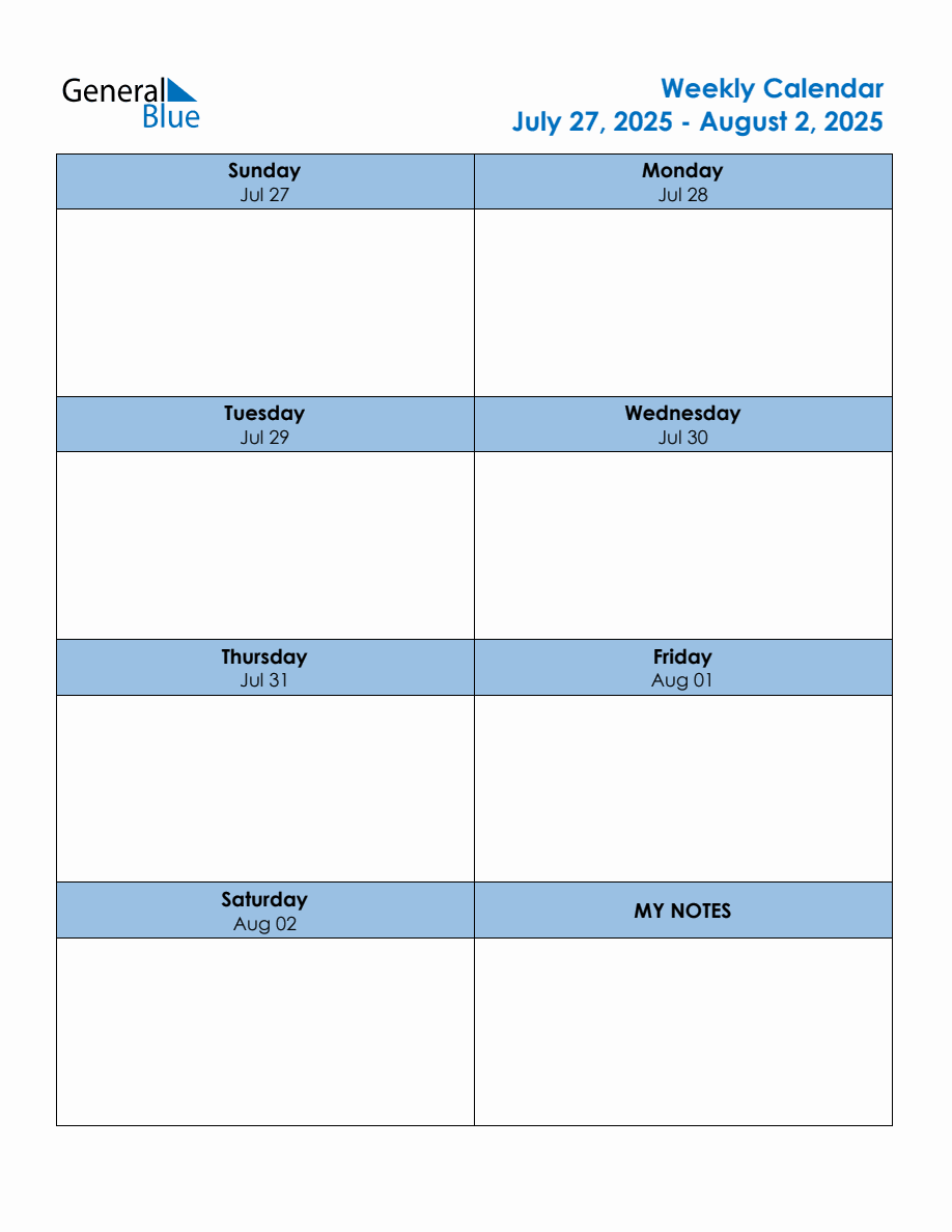 Editable Weekly Planner for the Week of July 27, 2025