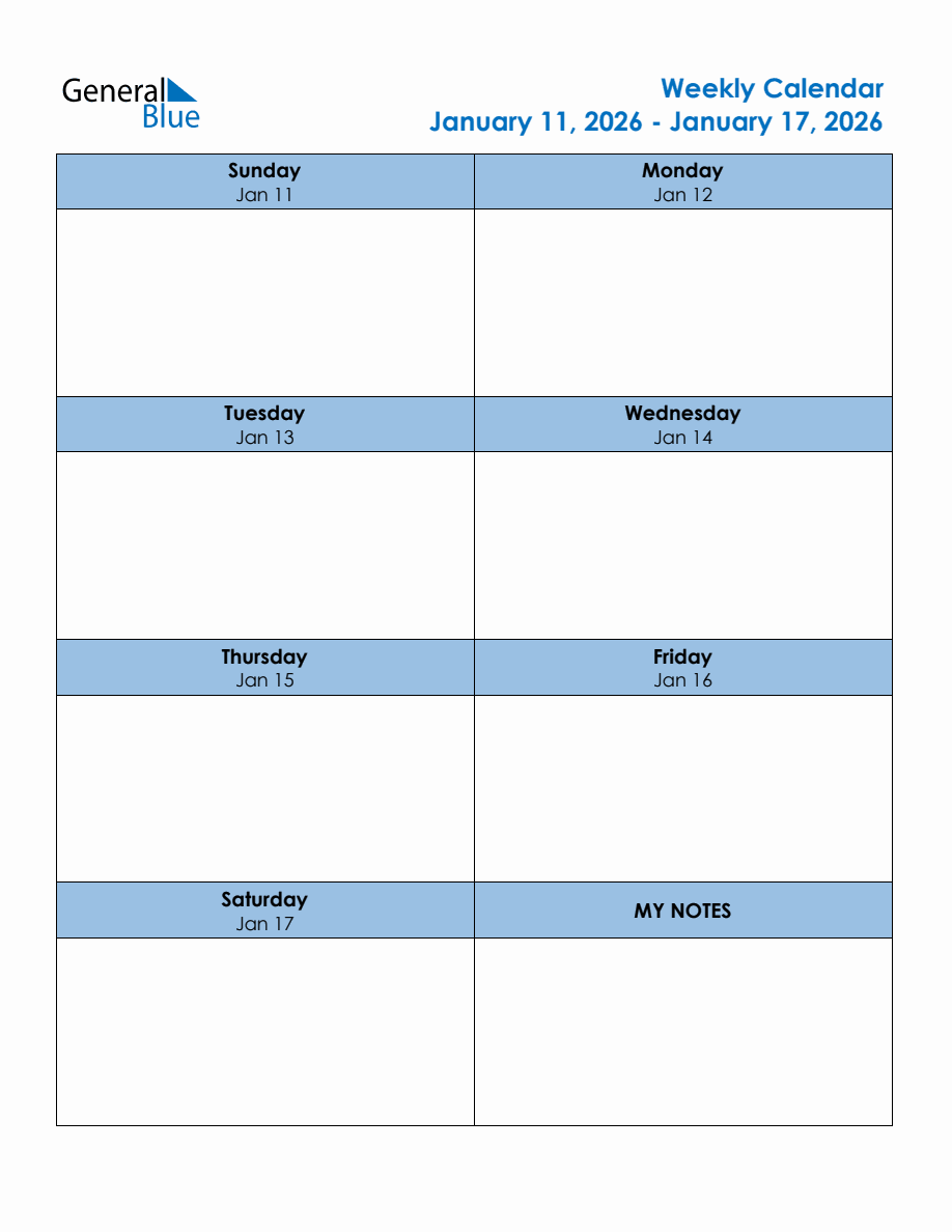 Editable Weekly Planner for the Week of January 11, 2026
