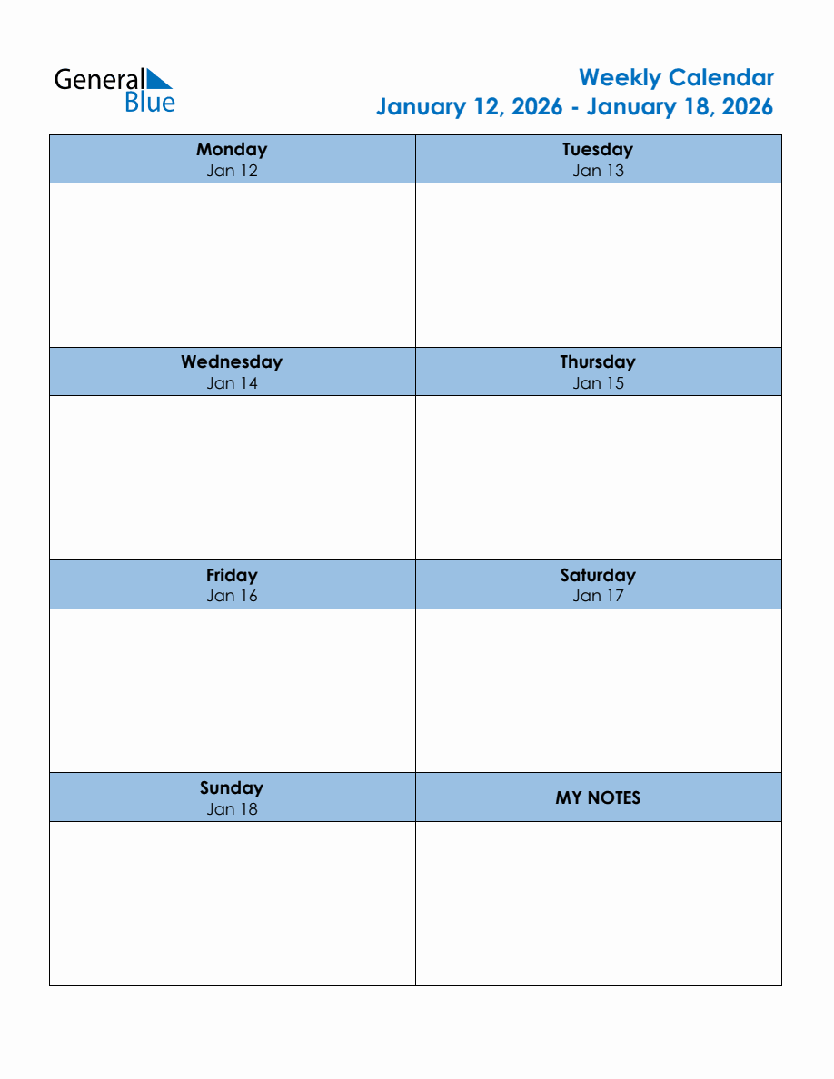 Editable Weekly Planner for the Week of January 12, 2026