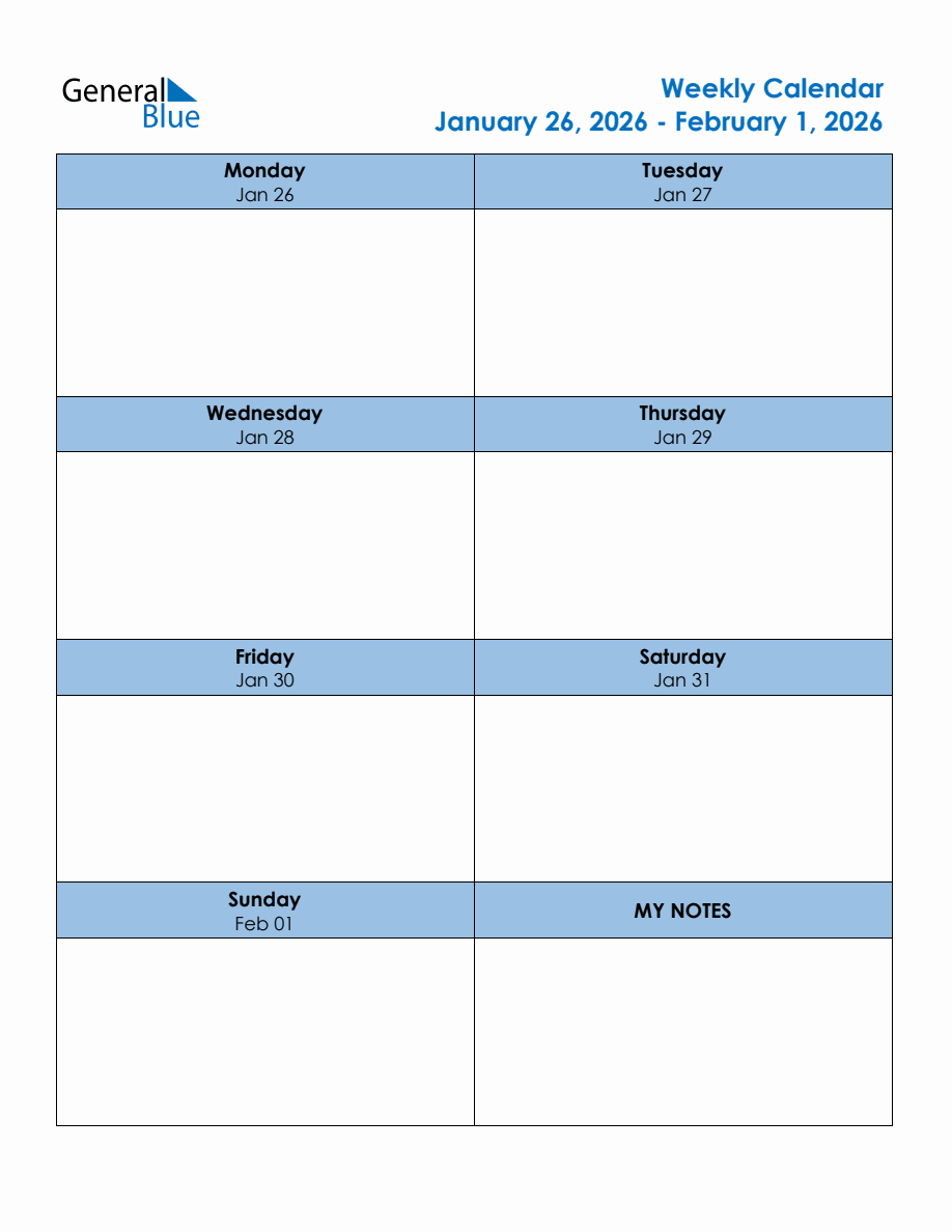 Editable Weekly Planner for the Week of January 26, 2026