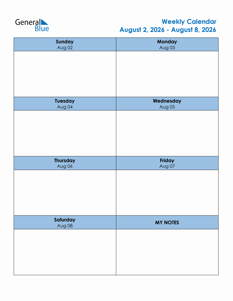 Editable Weekly Planner for the Week of August 2, 2026