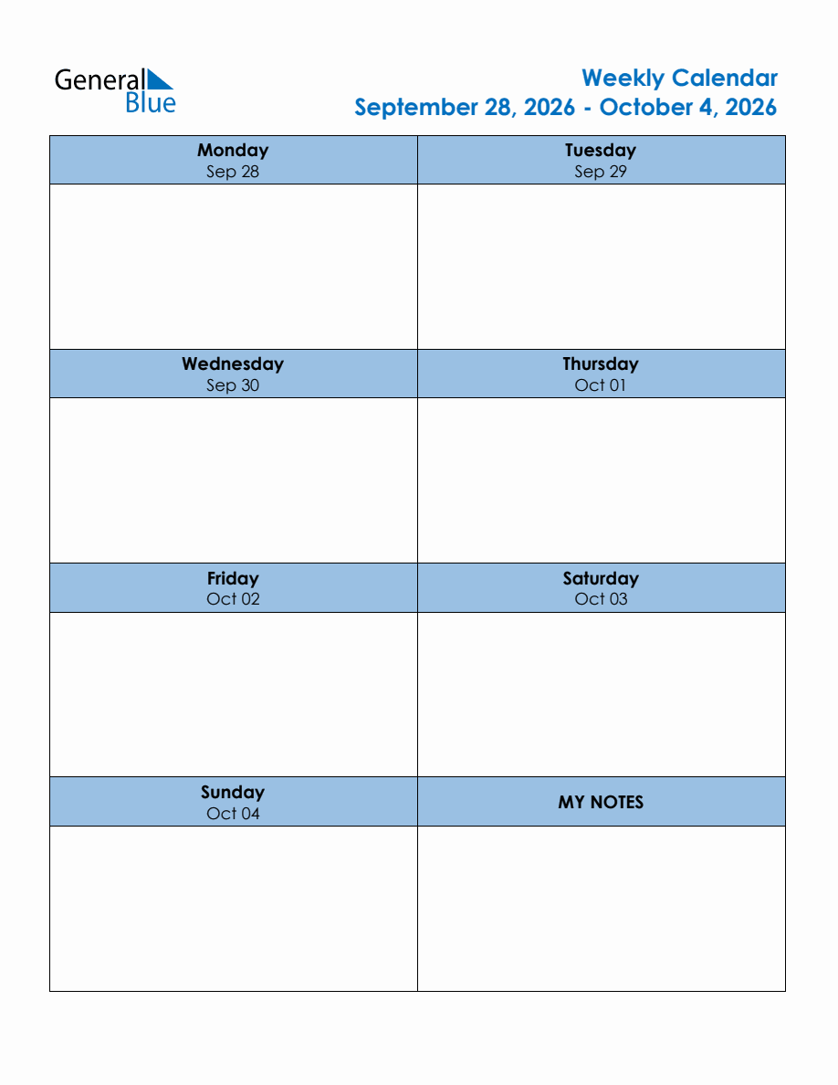Editable Weekly Planner for the Week of September 28, 2026