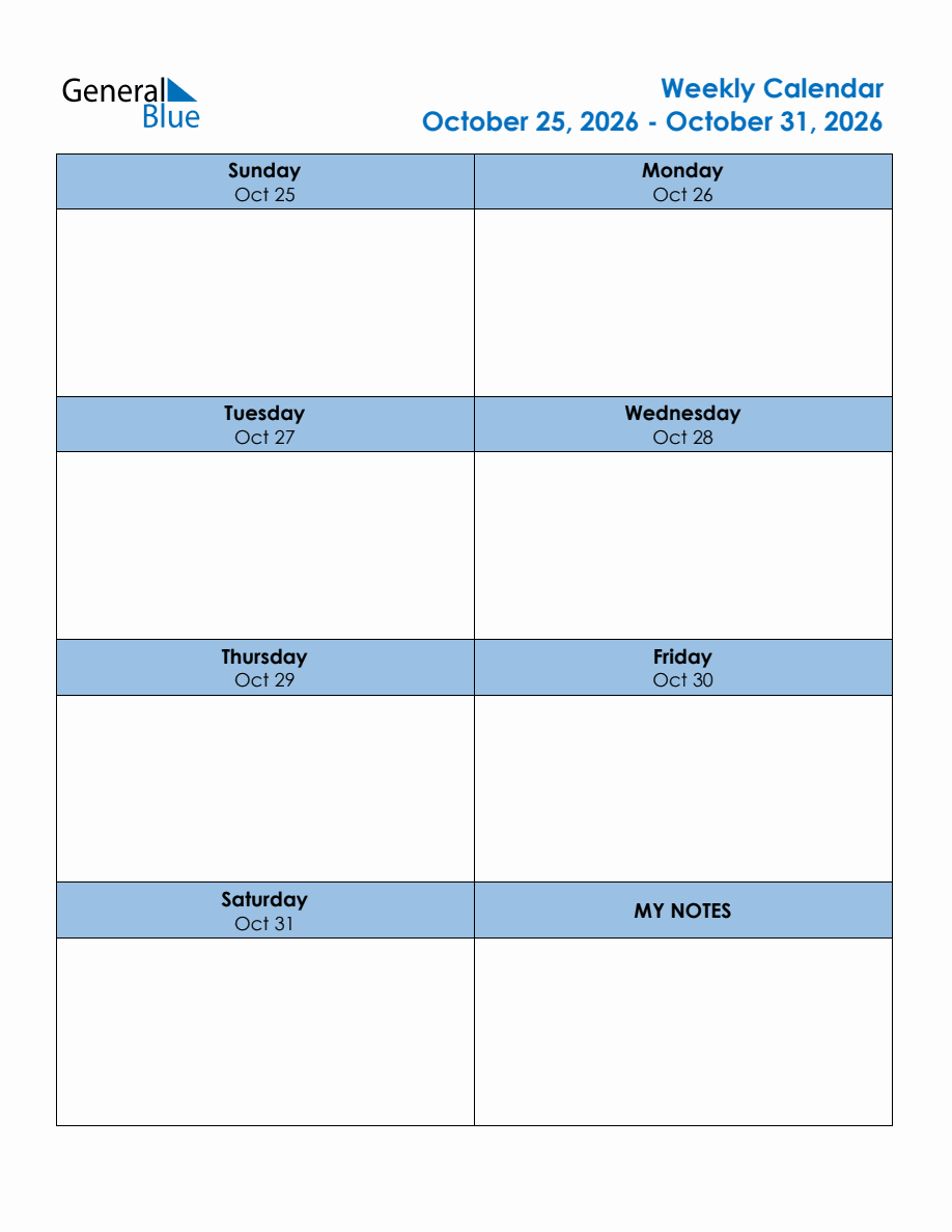 Editable Weekly Planner for the Week of October 25, 2026