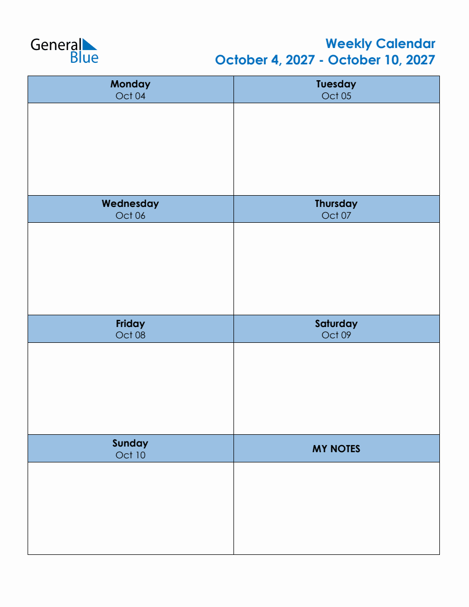 Editable Weekly Planner for the Week of October 4, 2027