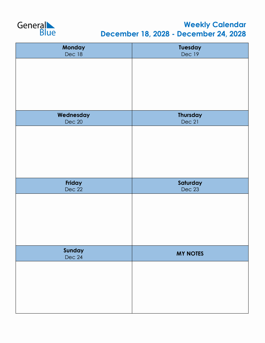 Editable Weekly Planner for the Week of December 18, 2028