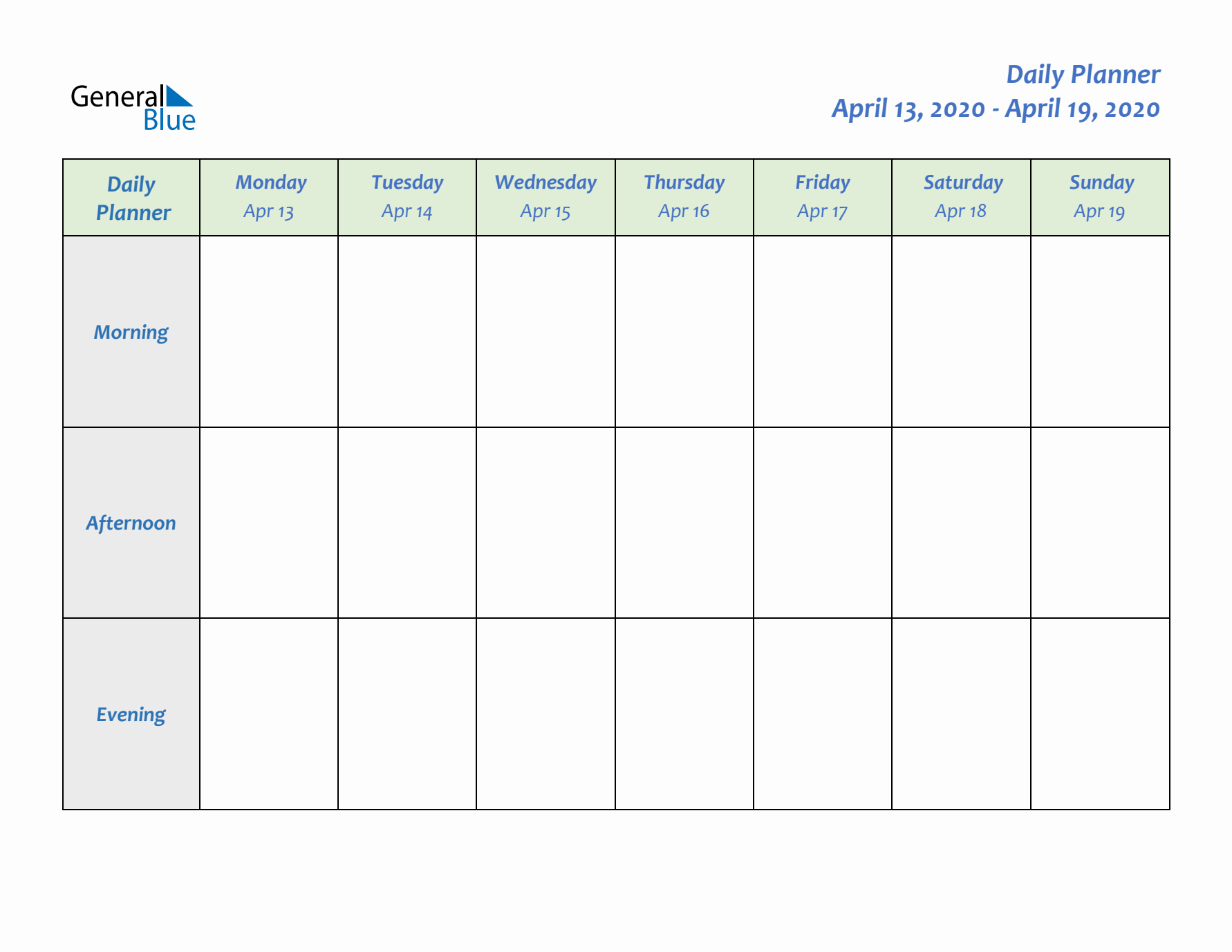 Daily Planner With Monday Start for Week 16 of 2020