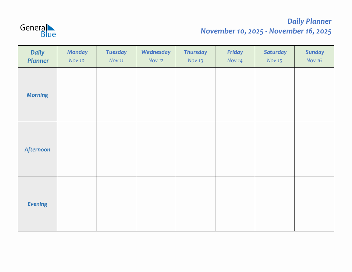 Weekly Daily Planner: November 10, 2025 - November 16, 2025