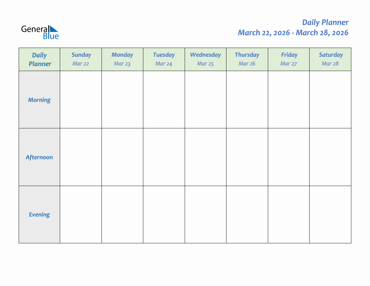 Weekly Daily Planner March 22 2026 March 28 2026