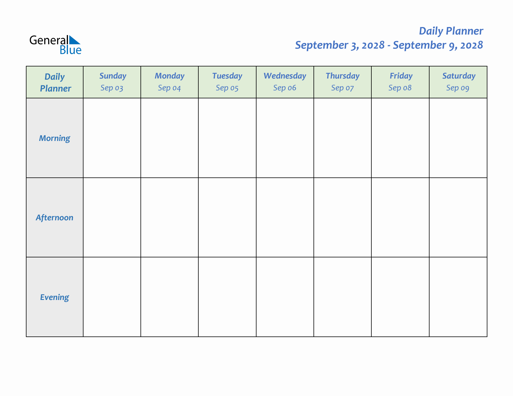 Daily Planner With Sunday Start for Week 37 of 2028