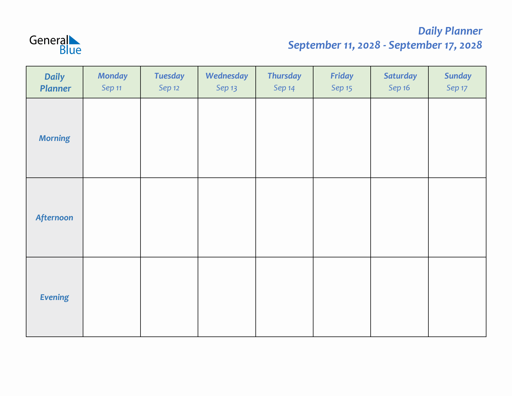 Daily Planner With Monday Start for Week 37 of 2028