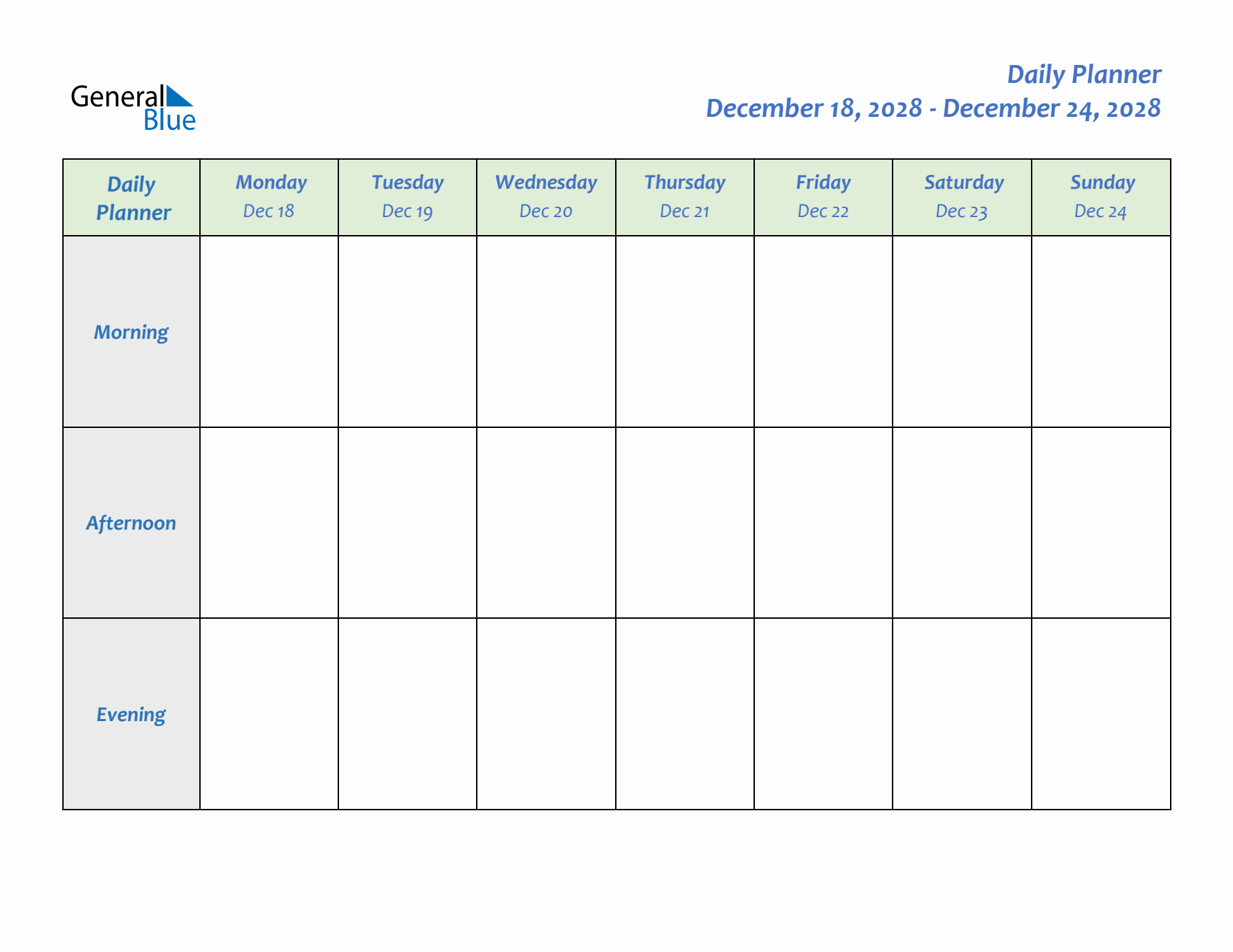 Daily Planner With Monday Start for Week 51 of 2028