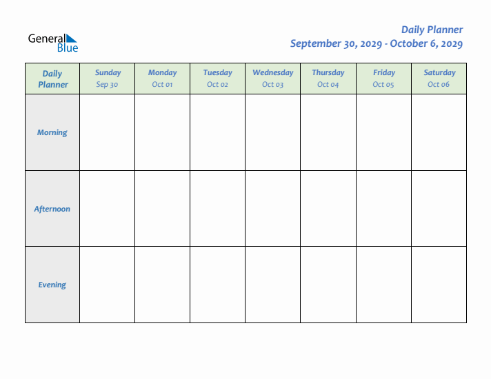 Daily Planner With Sunday Start for Week 40 of 2029