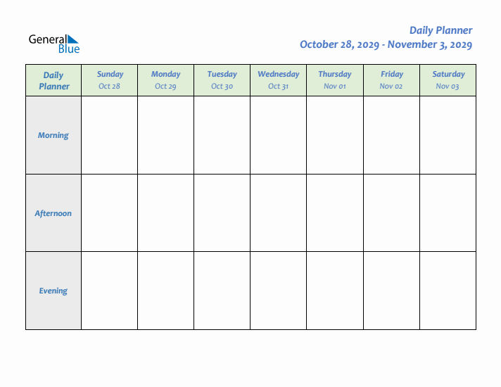 Daily Planner With Sunday Start for Week 44 of 2029