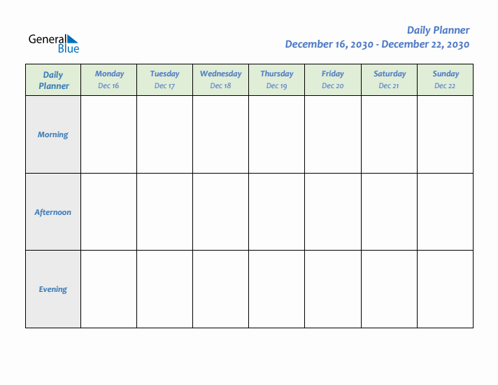 Daily Planner With Monday Start for Week 51 of 2030