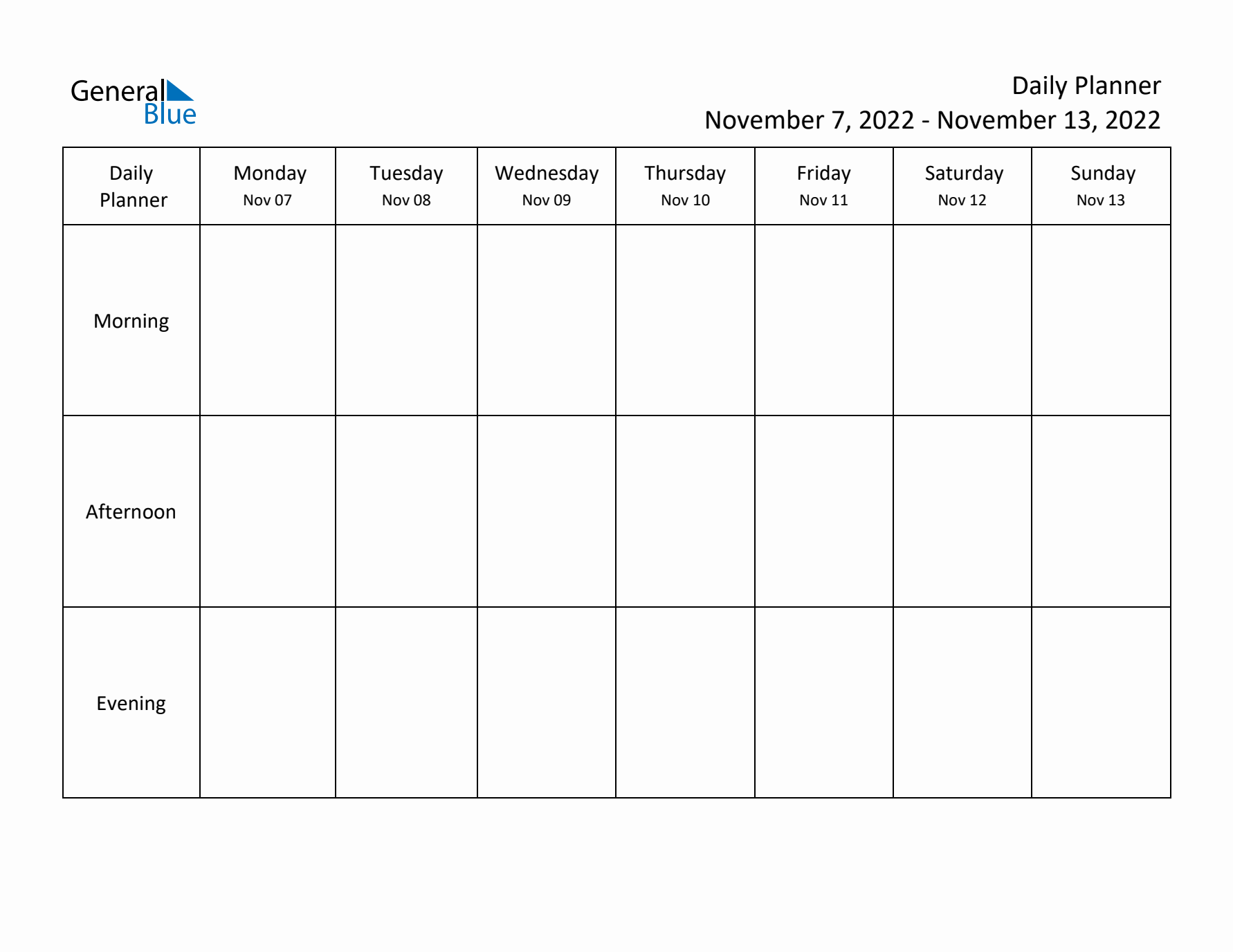 Weekly Planner with Morning, Afternoon, and Evening Sections