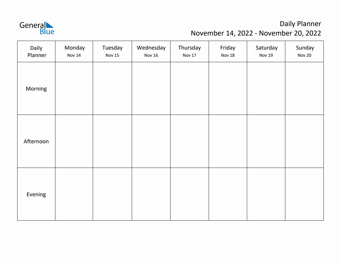 Weekdays November Morning, Afternoon & Evening Daily Schedule Planner (Week of November ...