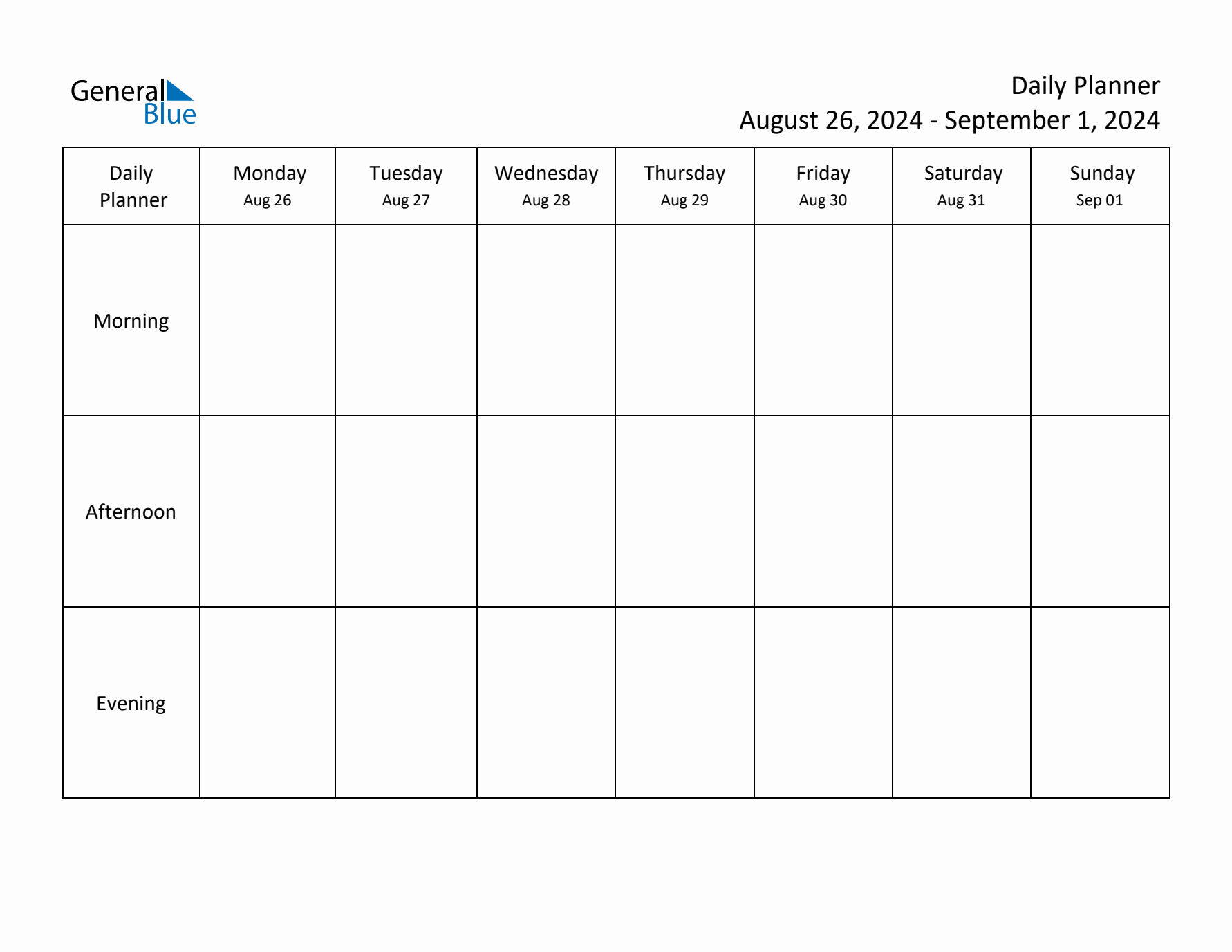 Weekly Planner with Morning, Afternoon, and Evening Sections