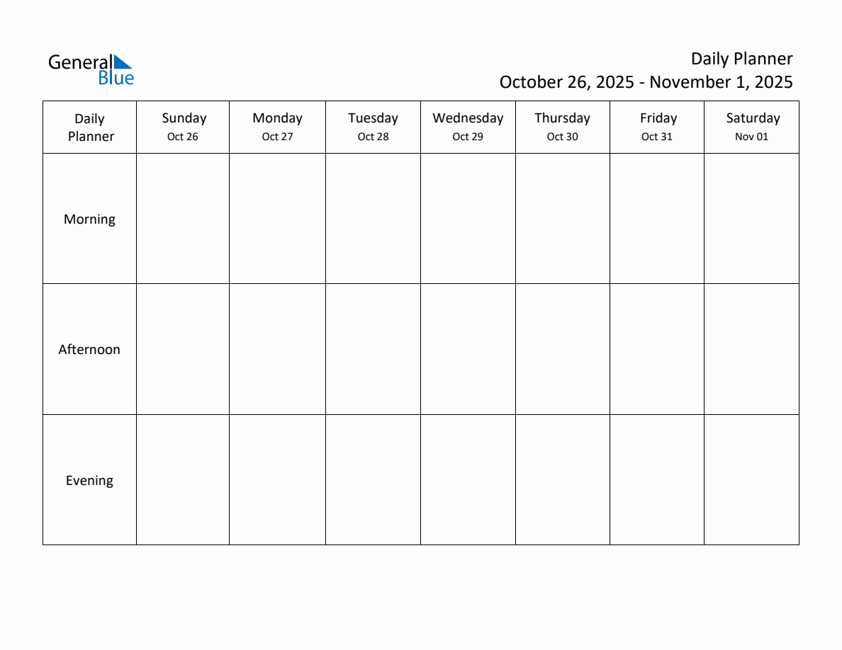 Morning, Afternoon & Evening Daily Schedule Planner (Week of October 26 ...