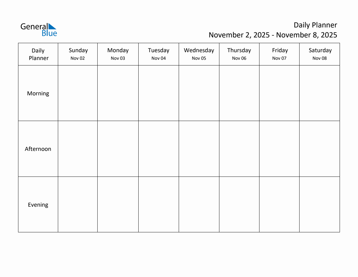 Morning, Afternoon & Evening Daily Schedule Planner (Week of November 2 ...