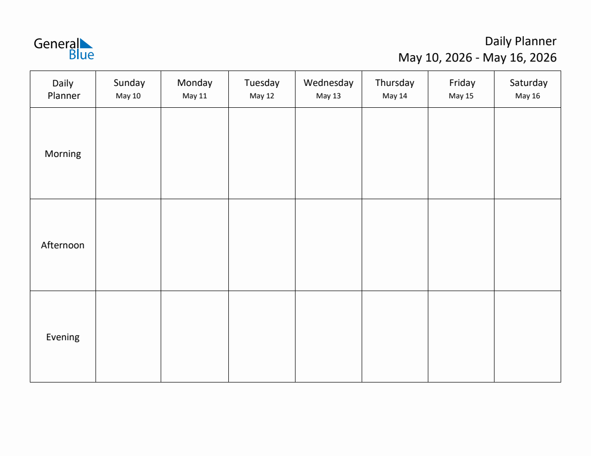 Morning, Afternoon & Evening Daily Schedule Planner (Week of May 10, 2026)
