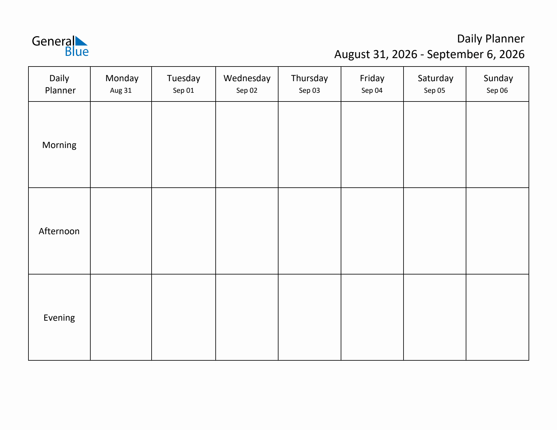 Weekly Planner with Morning, Afternoon, and Evening Sections