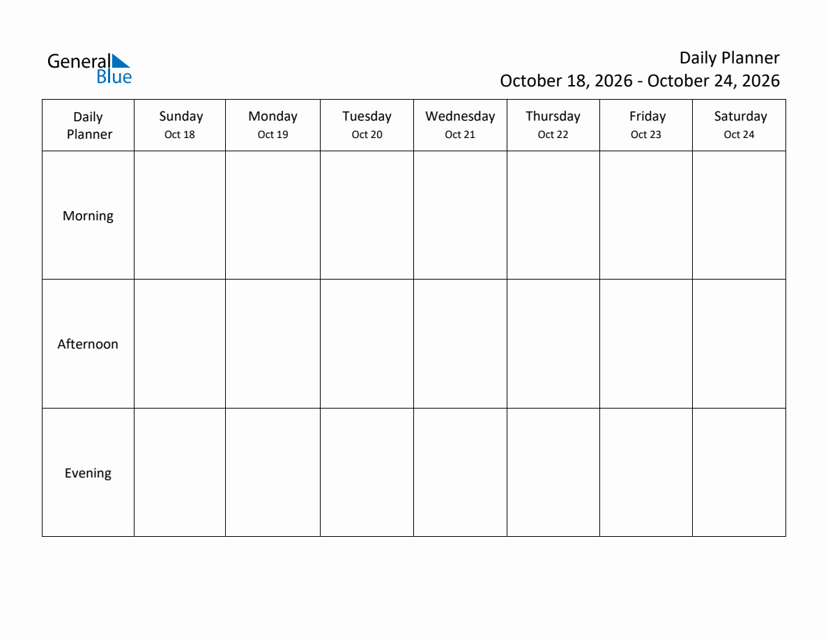 Morning, Afternoon & Evening Daily Schedule Planner (Week of October 18 ...