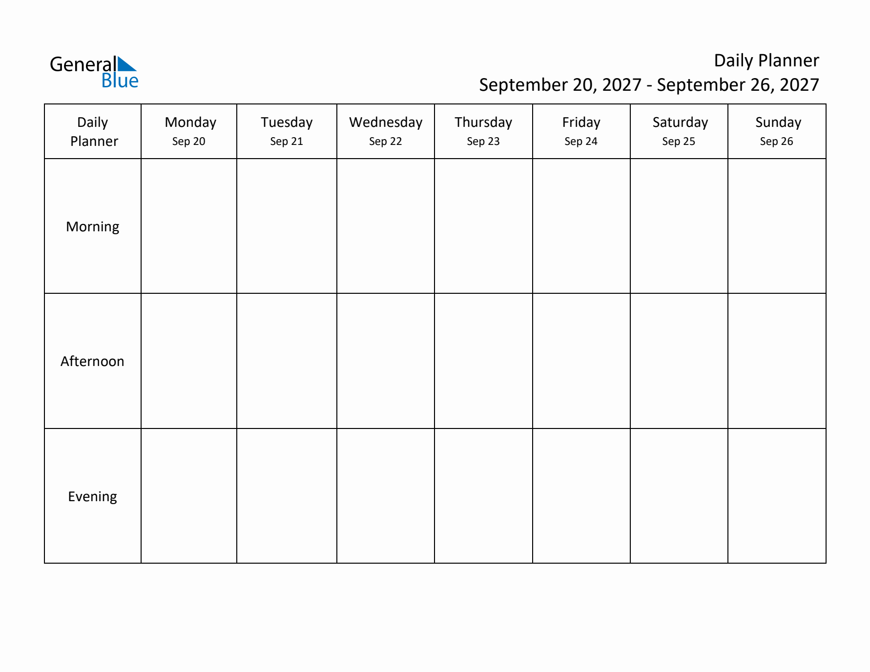 Weekly Planner with Morning, Afternoon, and Evening Sections