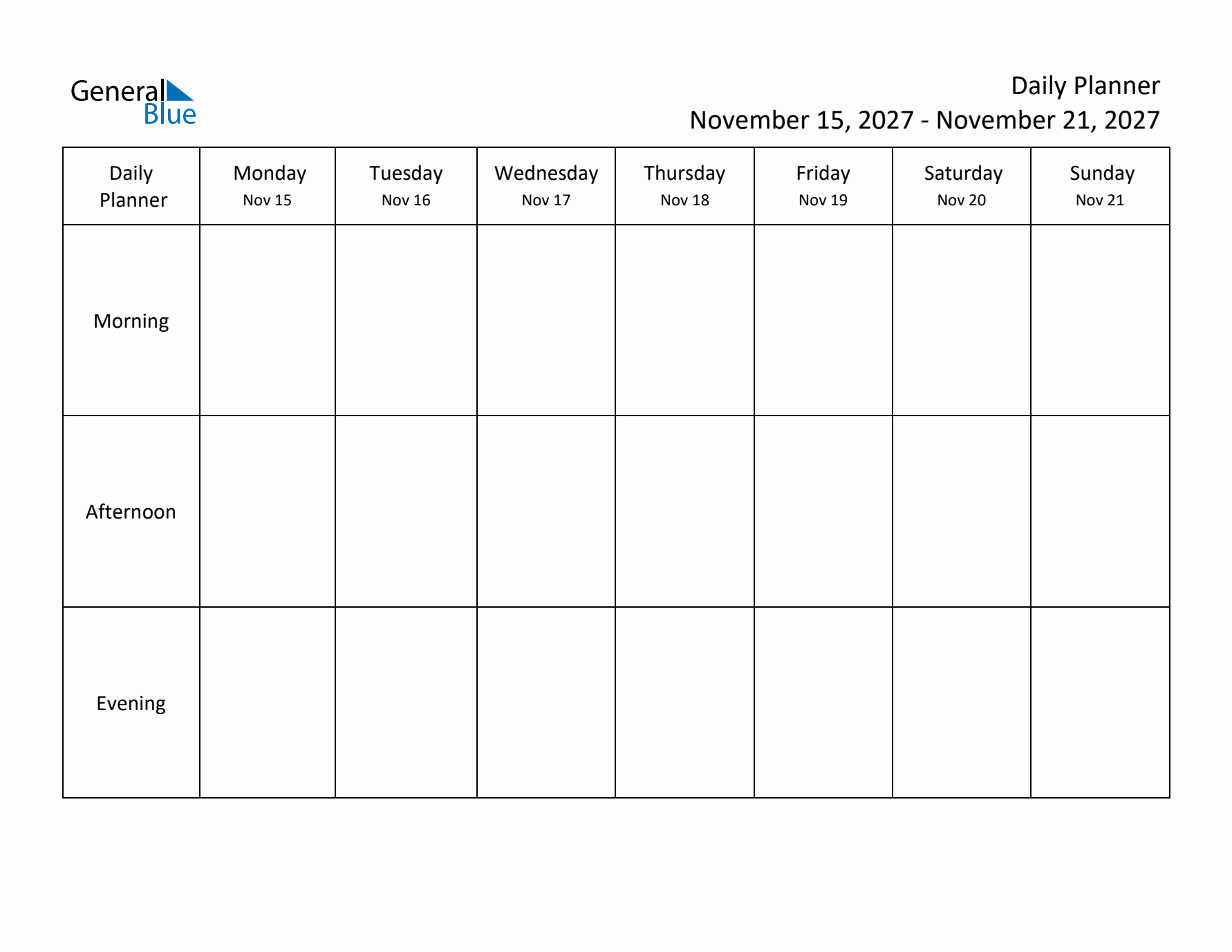 Weekly Planner with Morning, Afternoon, and Evening Sections