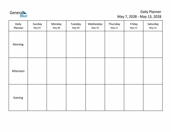 Weekly Planner with Morning, Afternoon, and Evening Sections