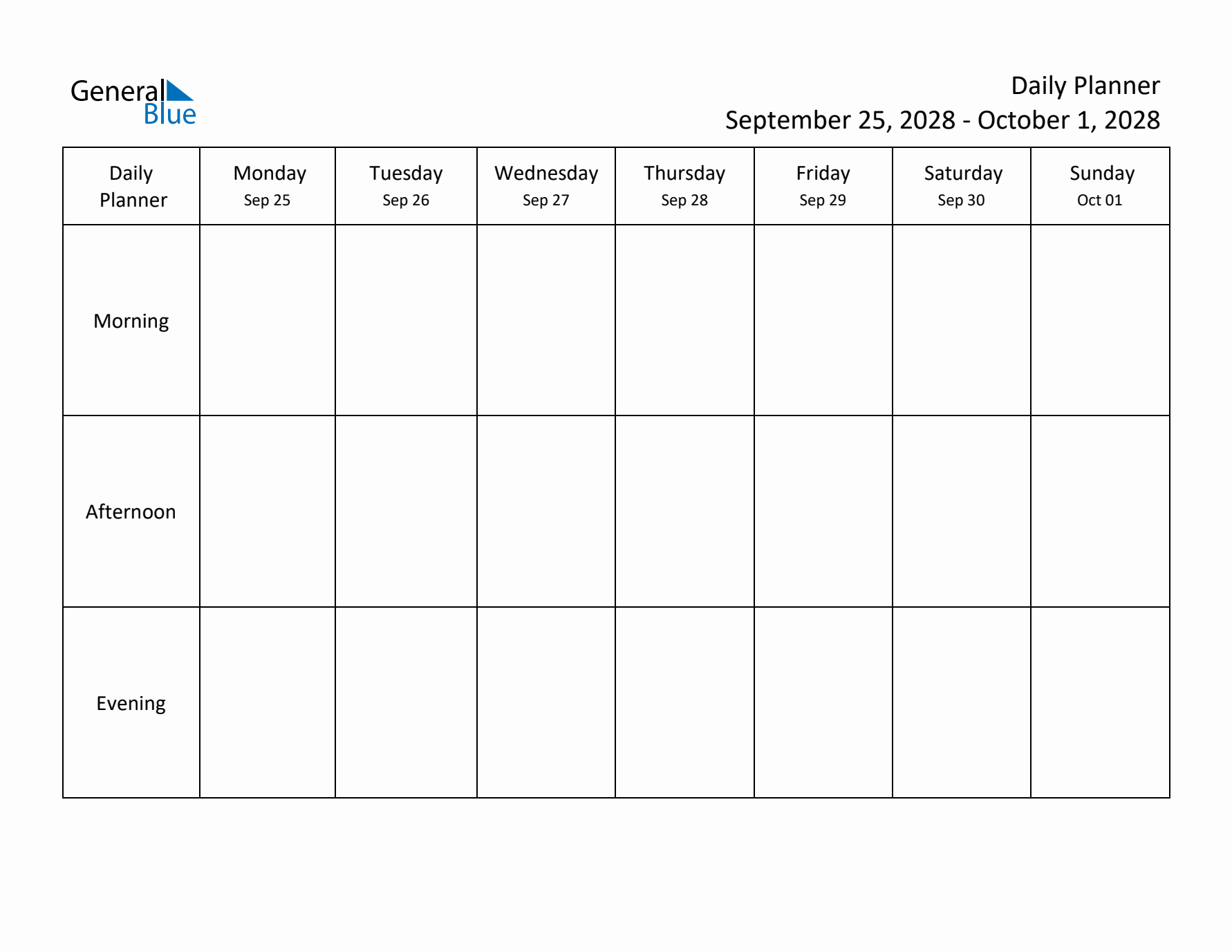 Weekly Planner with Morning, Afternoon, and Evening Sections