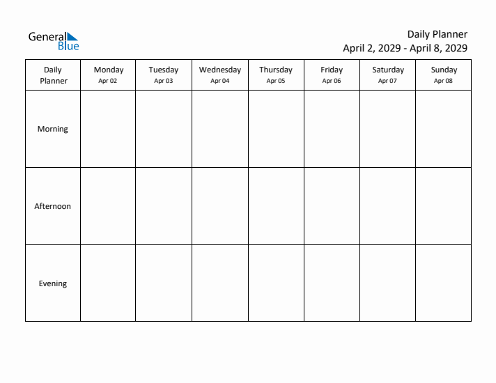 Weekly Planner with Morning, Afternoon, and Evening Sections