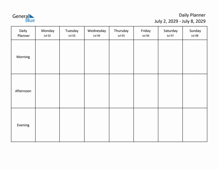 Weekly Planner with Morning, Afternoon, and Evening Sections