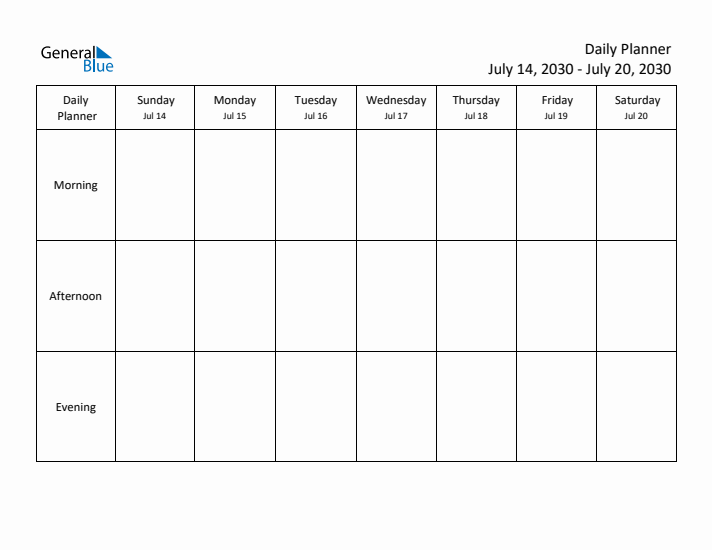 Weekly Planner with Morning, Afternoon, and Evening Sections