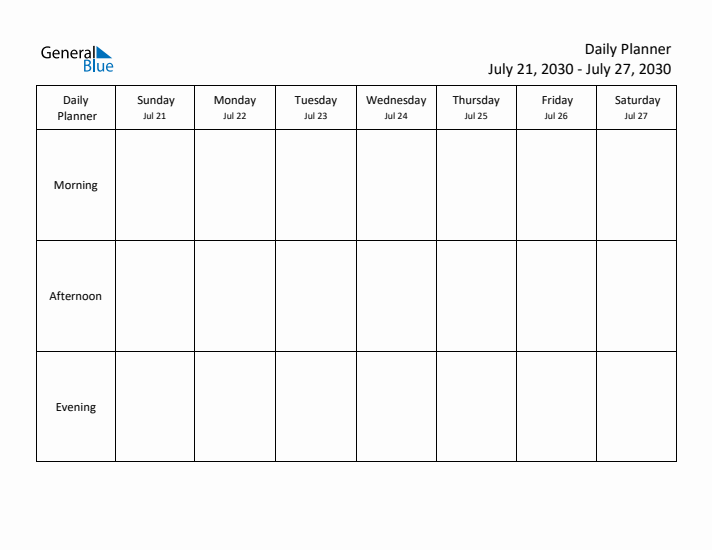 Weekly Planner with Morning, Afternoon, and Evening Sections