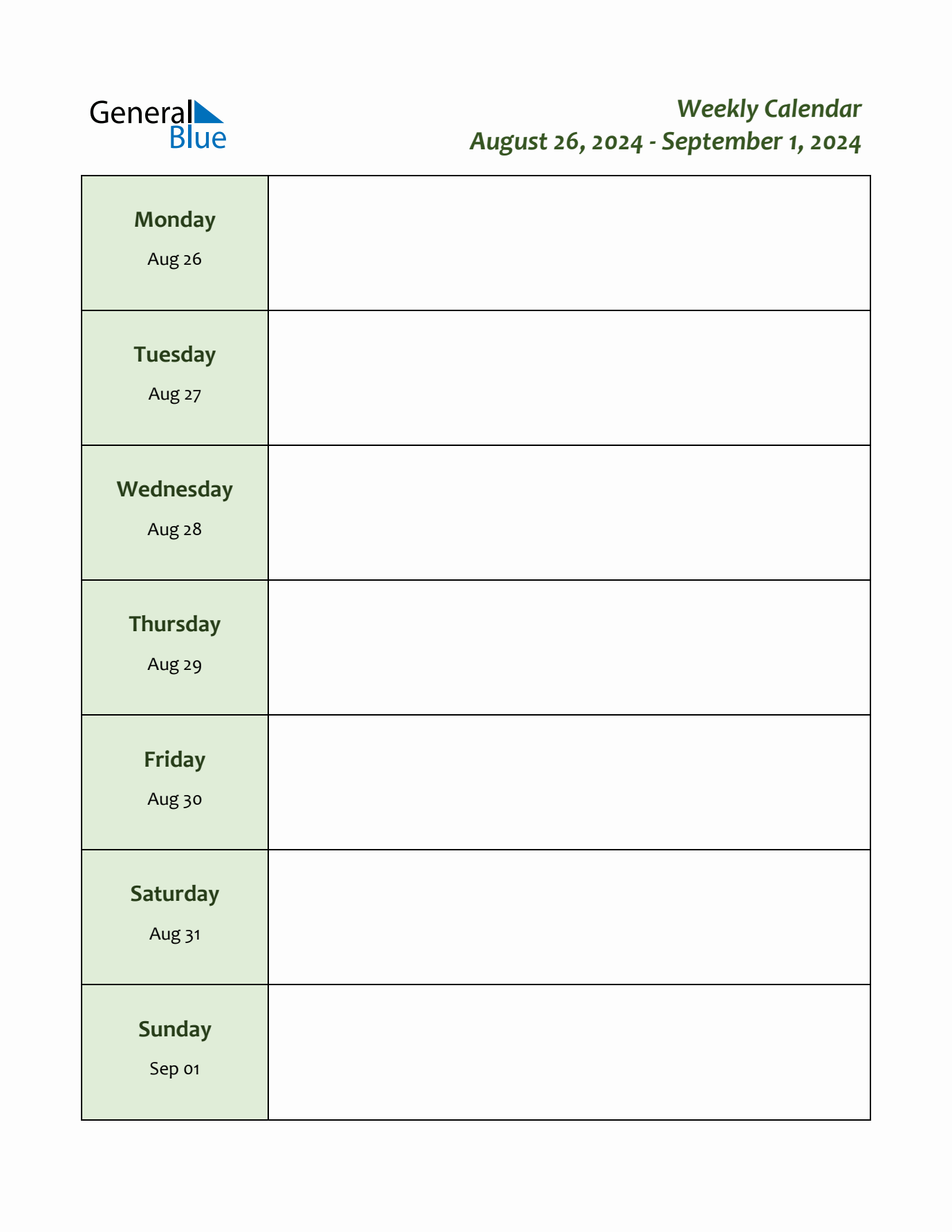 Weekly Customizable Planner - August 26 to September 1, 2024