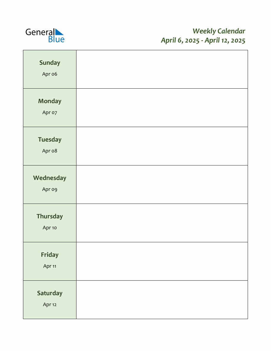 Weekly Customizable Planner - April 6 to April 12, 2025