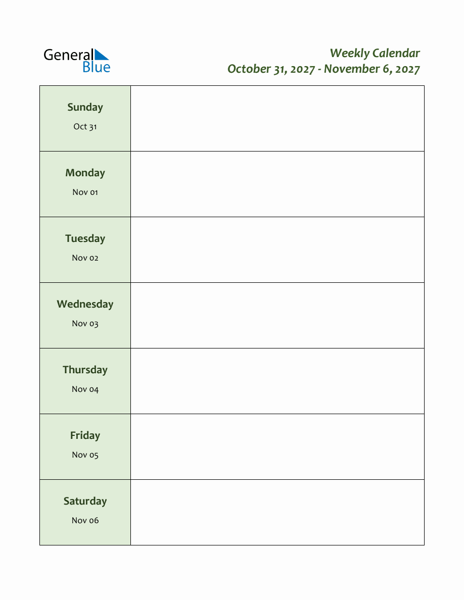 Weekly Customizable Planner - October 31 to November 6, 2027