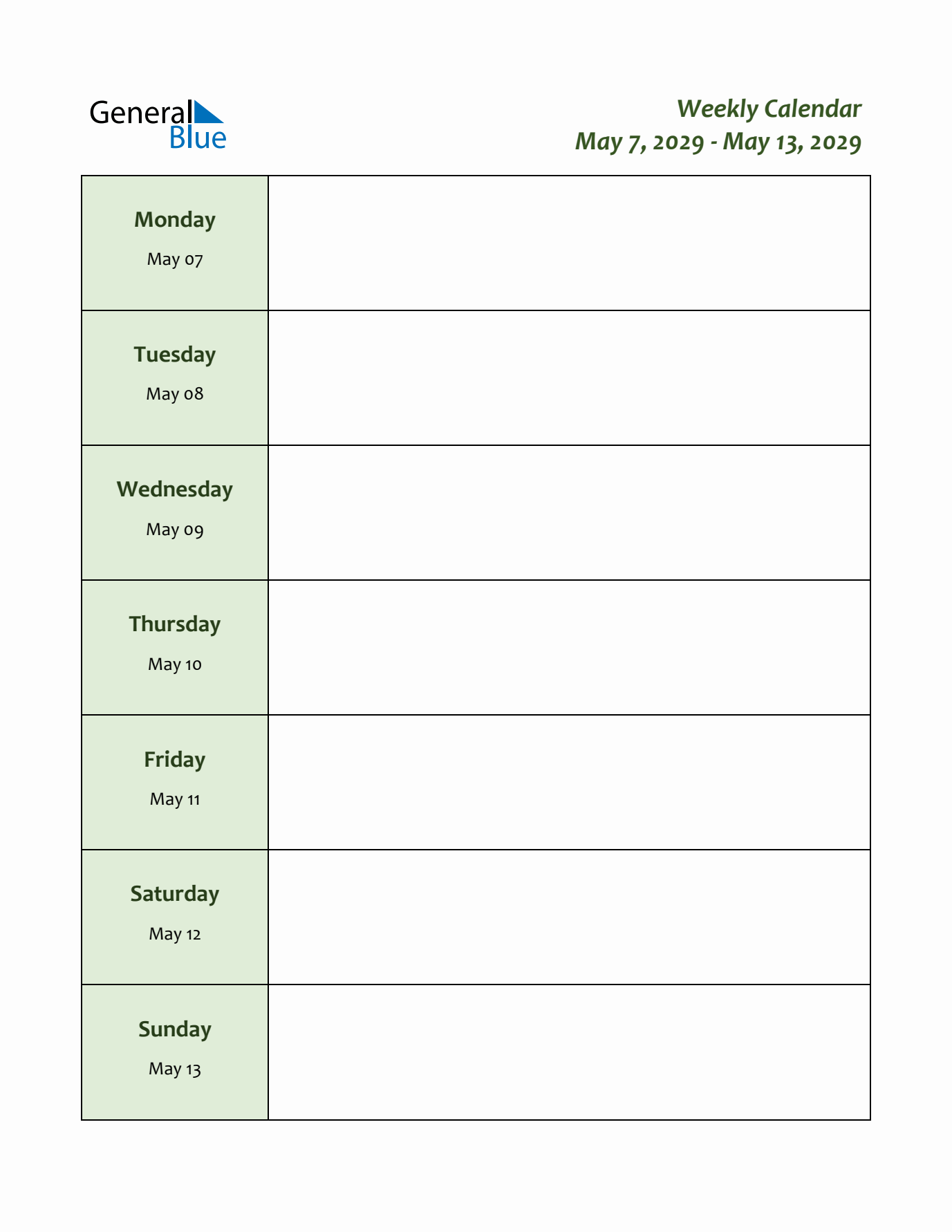 Weekly Customizable Planner - May 7 to May 13, 2029