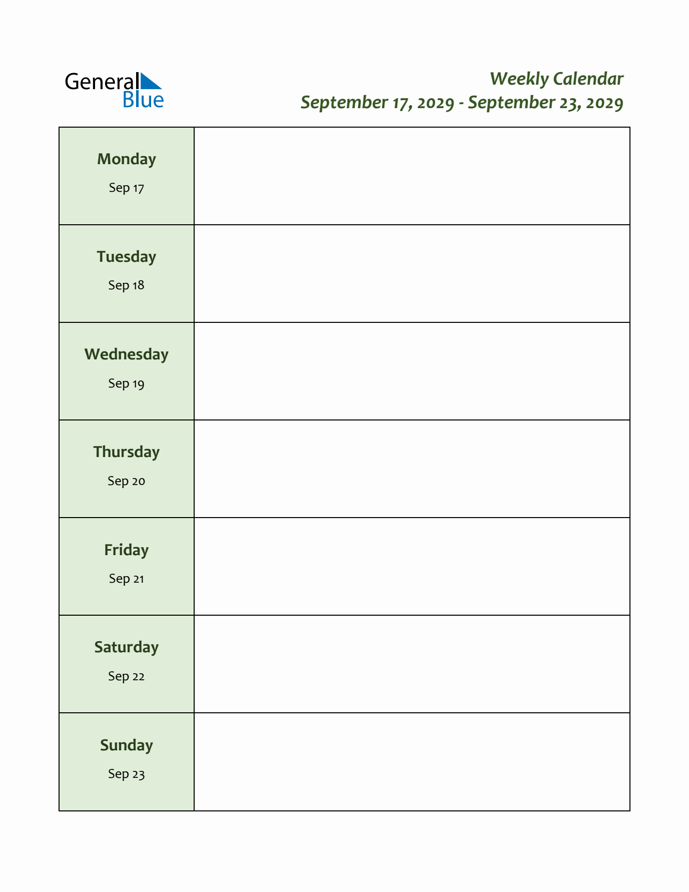 Weekly Customizable Planner - September 17 to September 23, 2029