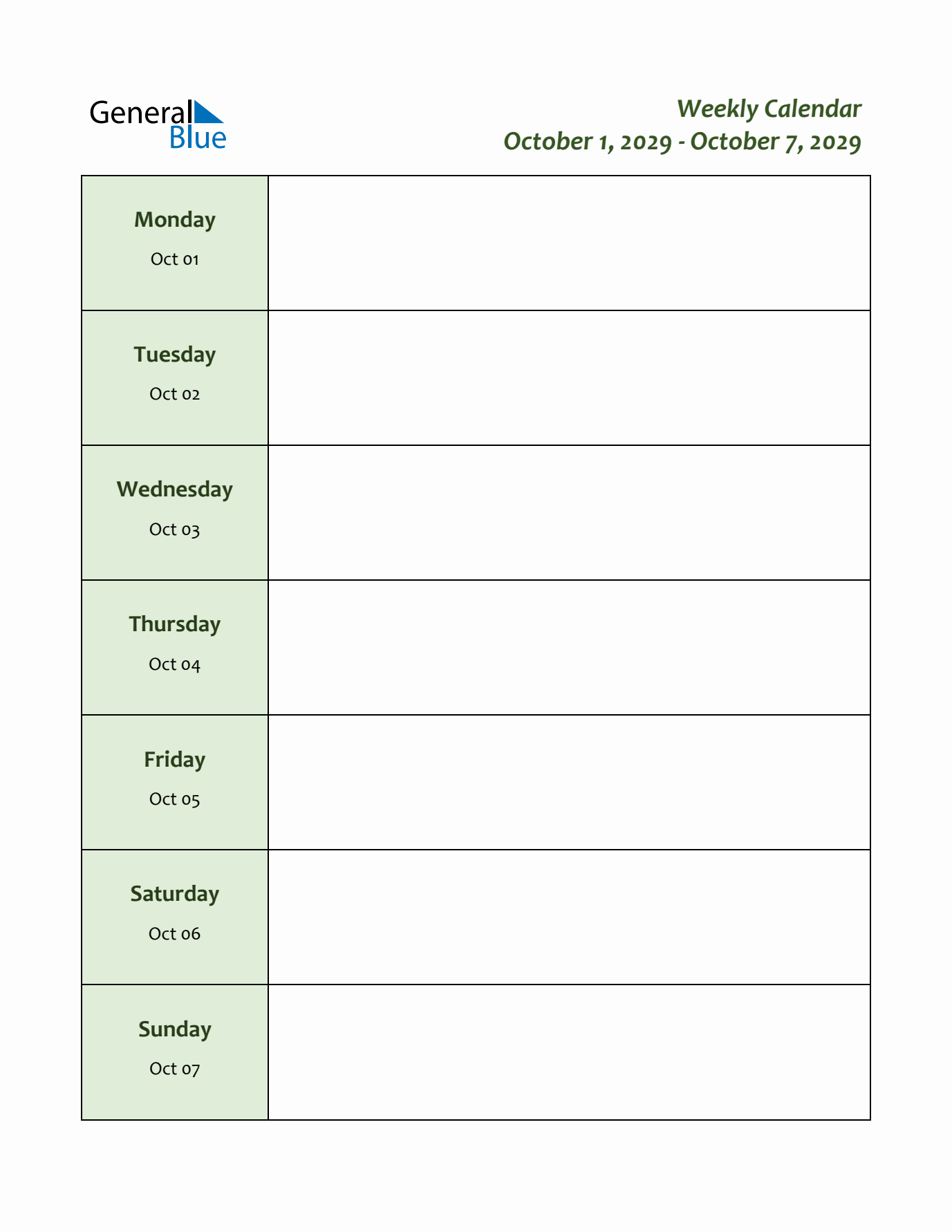 Weekly Customizable Planner - October 1 to October 7, 2029